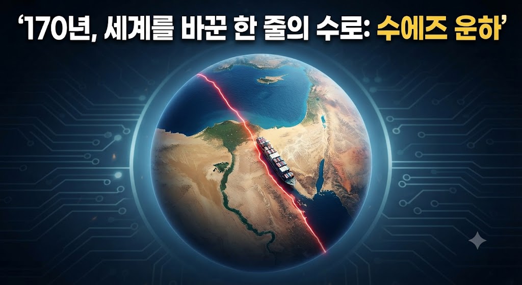 지구본 위에 지중해와 홍해를 잇는 가느다란 수에즈 운하가 붉은색으로 빛나고 있습니다. 그 위로 거대한 컨테이너선 한 척이 지나가고 있고, 아래쪽에는 '170년, 세계를 바꾼 한 줄의 수로'라는 굵은 한글 텍스트가 시선을 사로잡습니다. 실사와 인포그래픽이 혼합된 스타일로, 운하의 지정학적 중요성을 직관적으로 보여줍니다.