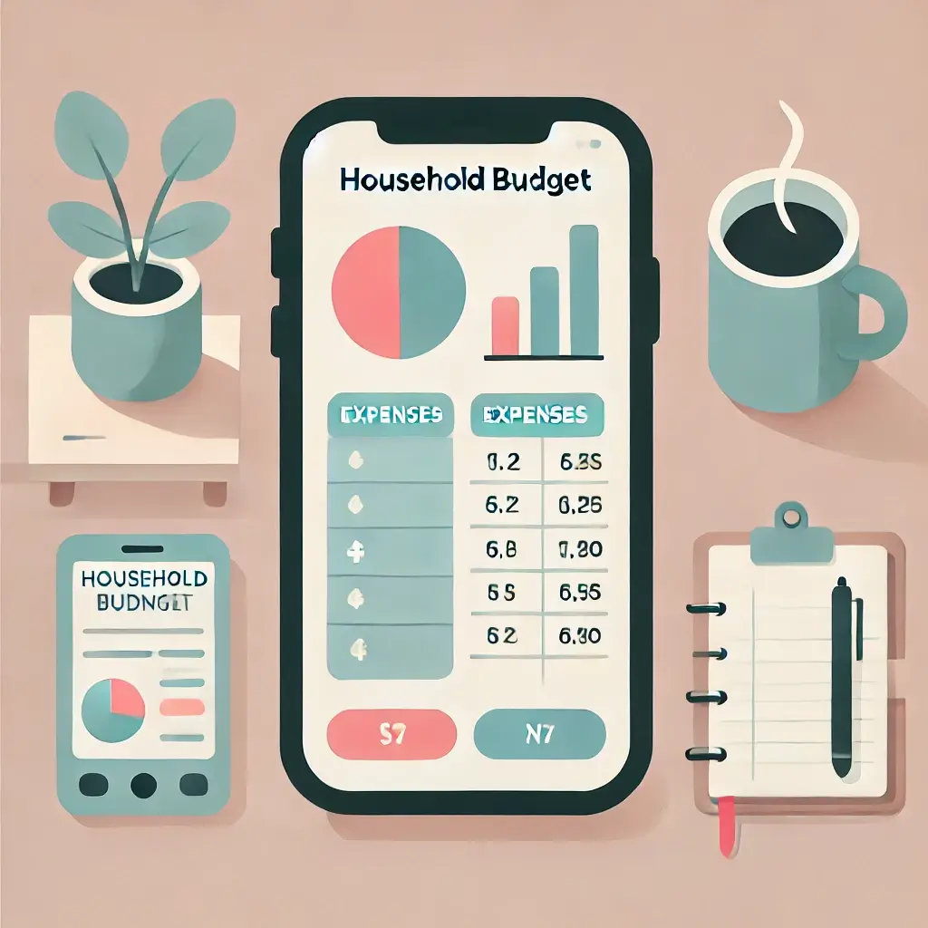 스마트폰 화면에 가계부 어플 인터페이스를 보여주는 단순한 일러스트