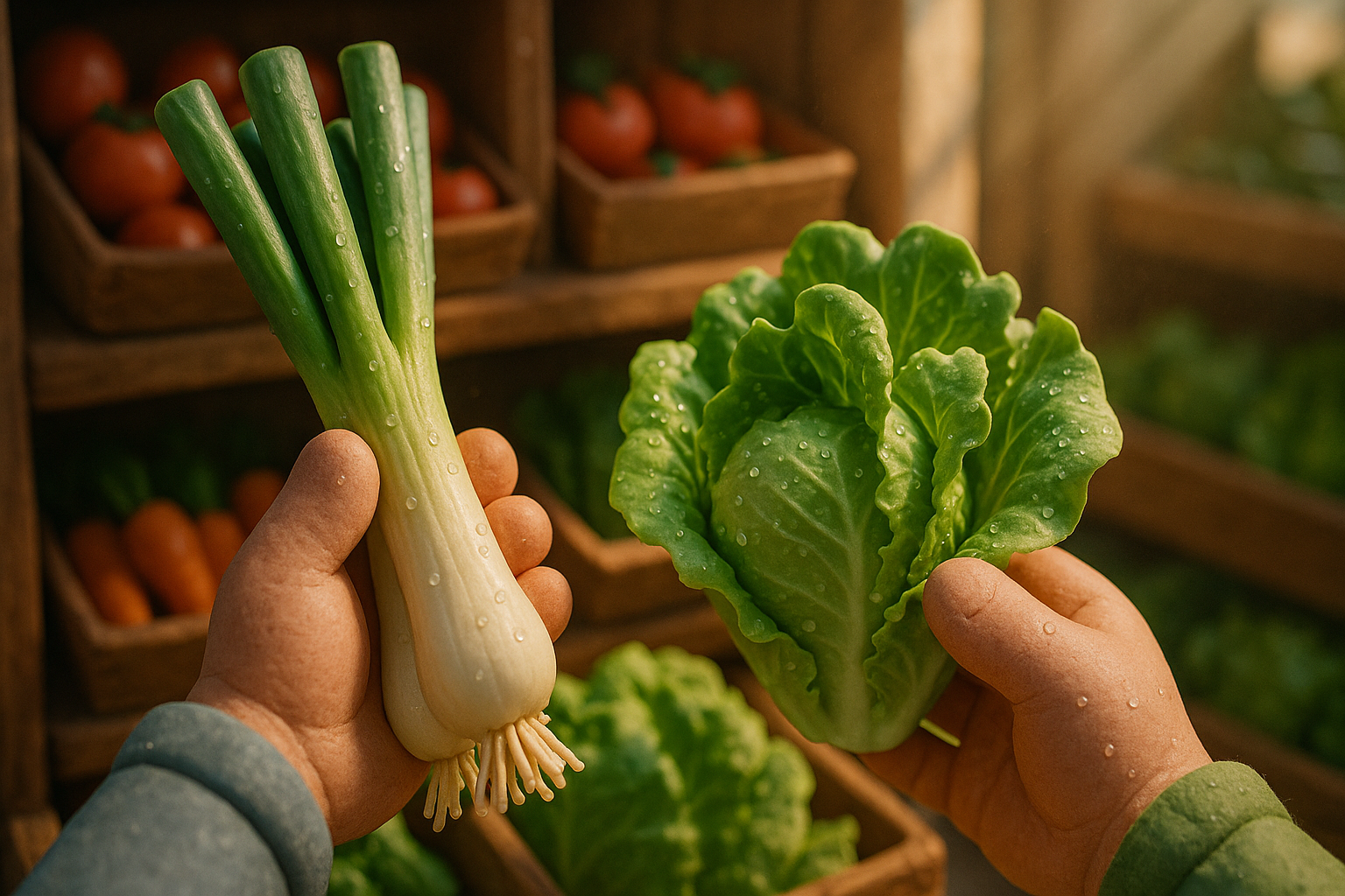 식당 사장님이 동네 식자재마트에서 신선한 채소를 직접 눈으로 보고 고르는 모습