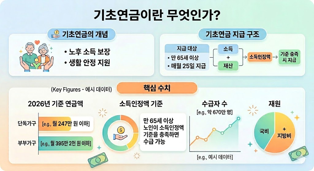 기초연금 제도의 개요를 한눈에 보여주는 인포그래픽입니다. 65세 이상 노인이 소득인정액 기준을 충족하면 매월 25일 연금을 지급받으며, 2026년 기준 단독가구는 월 247만 원 이하, 부부가구는 월 395만 2천 원 이하일 때 수급 가능합니다.