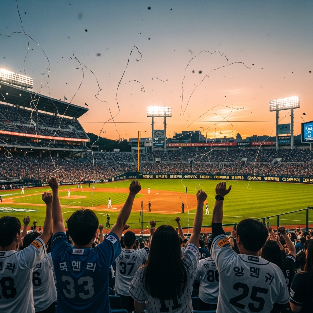 수많은 야구팬들이 뜨겁게 응원하는 2025 한국시리즈 야구 경기장 전경. 초록색 그라운드와 주황색 조명이 어우러진 역동적인 장면