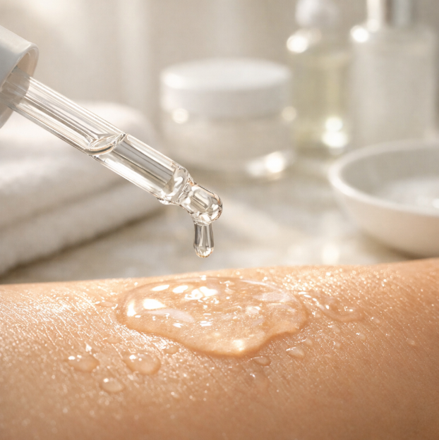 투명한 세럼이 피부에 닿기 직전 AI 이미지