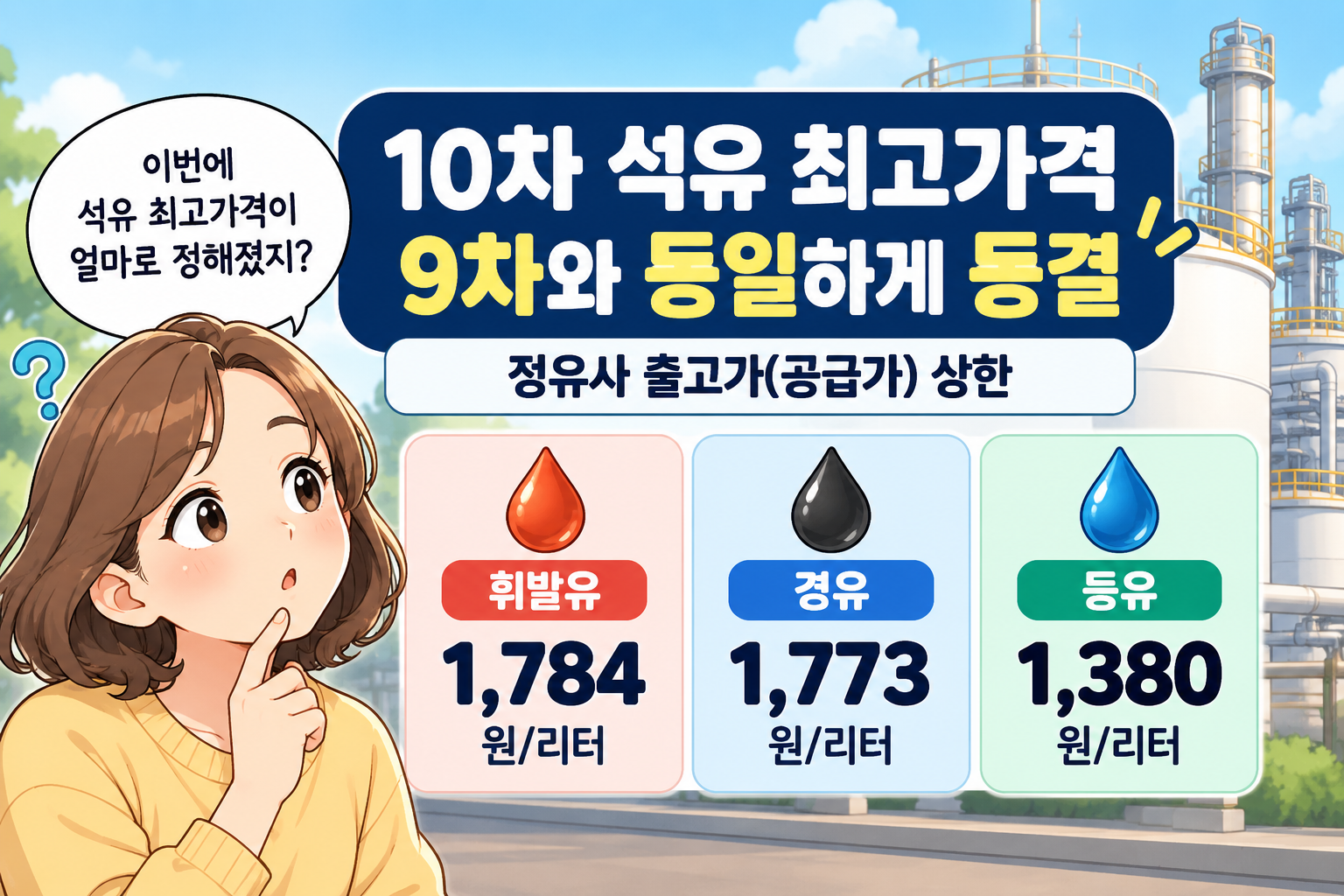 10차 석유 최고가격이 9차와 동일하게 동결된 내용을 보여주며 휘발유 1,784원, 경유 1,773원, 등유 1,380원의 정유사 출고가 상한을 정리한 이미지