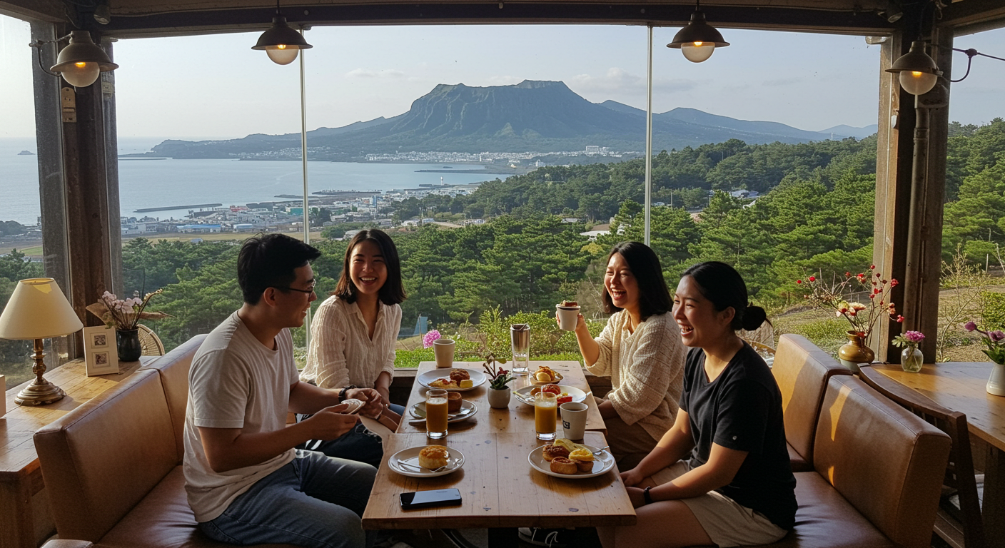 제주 바다, 숲, 오름 전망을 갖춘 감성 카페에서 커피와 브런치를 즐기는 모습.