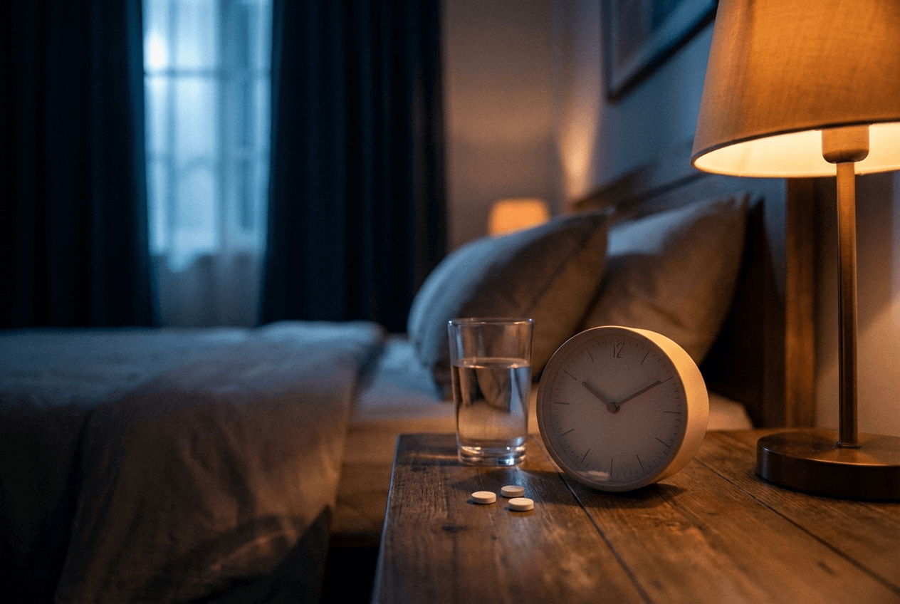 멜라토닌 복용법에서 권장되는 취침 30분에서 1시간 전 타이밍을 보여주는 침실 협탁과 시계 장면