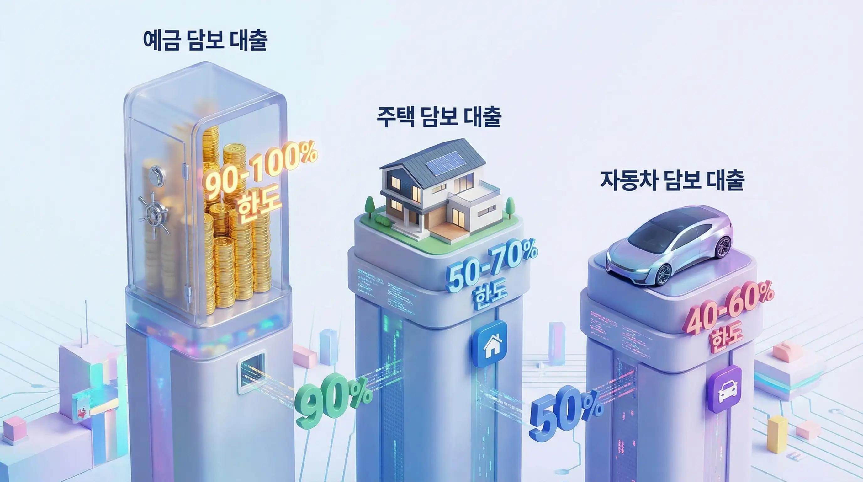 예금 담보 대출과 주택 및 자동차 담보 대출의 한도 차이를 비교하는 3D 인포그래픽