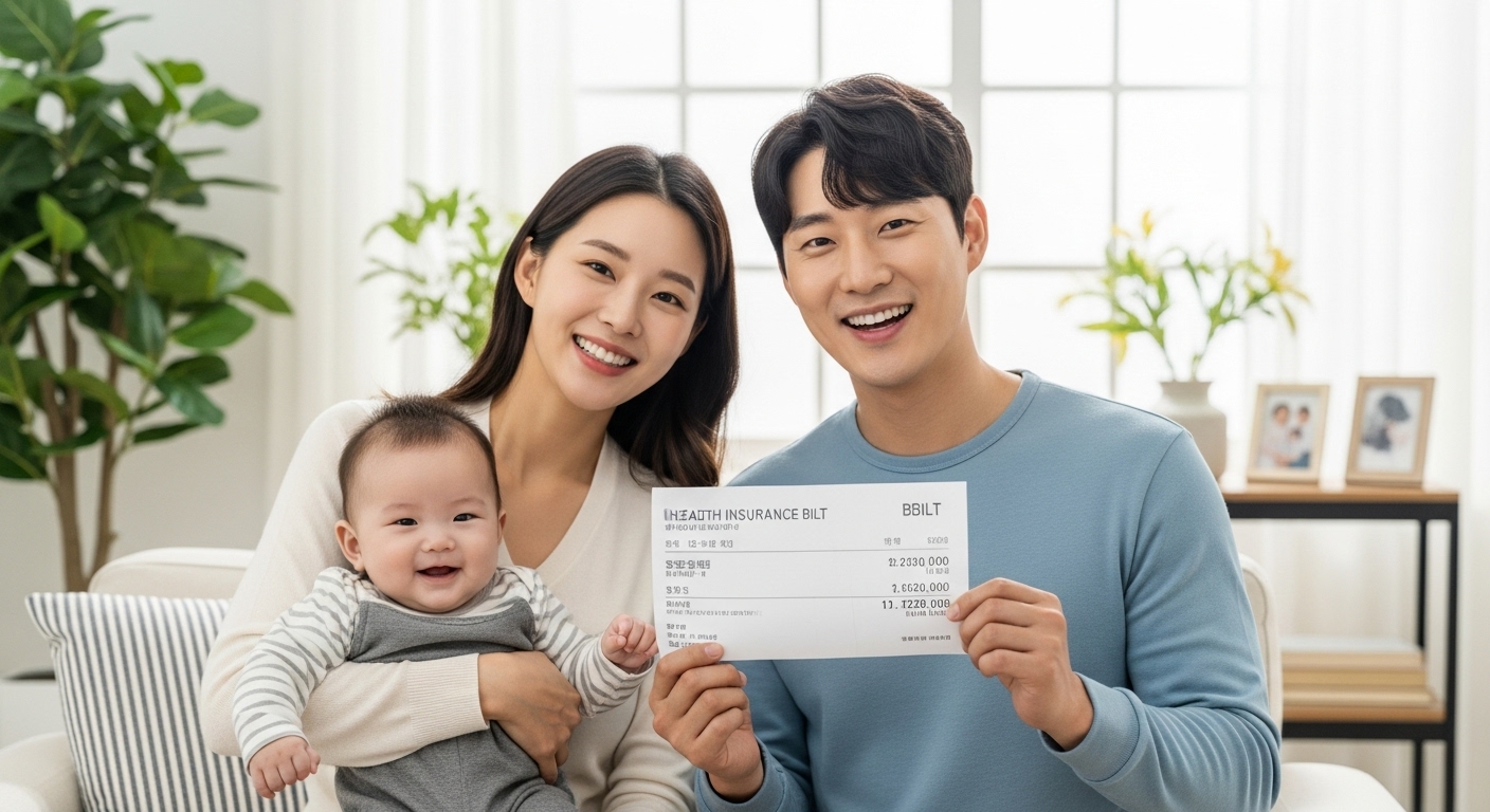 건강보험료 고지서를 손에 들고 활짝 웃고 있는 젊은 부부와 아기