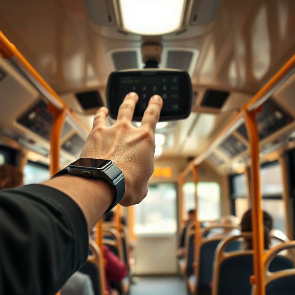 버스 내부의 요금 단말기 앞에 서 있는 사람의 손목에 착용된 애플워치가 단말기에 닿기 직전의 모습입니다. 버스의 좌석이나 손잡이 등 내부 요소가 배경으로 살짝 보이게 하여 현장감을 더합니다.