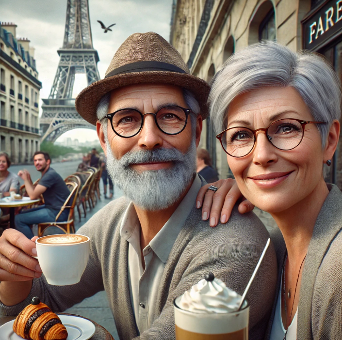 프랑스 파리에서 은퇴한 부부가 함께 에스프레소를 마시는 모습