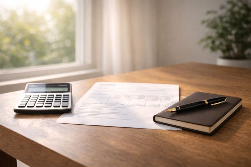 2026년 건강보험료 및 국민연금 인상 계산을 위한 나무 책상 위의 계산기, 서류, 만년필과 따뜻한 햇살.