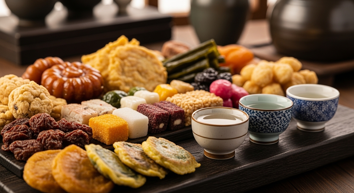 전통주와 곁들이기 좋은 다양한 한국식 안주가 정갈하게 차려진 모습.