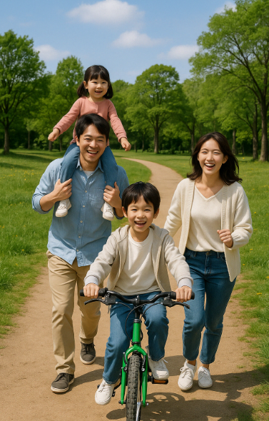 4명의 가족이 공원에서 나들이를 즐기는 모습