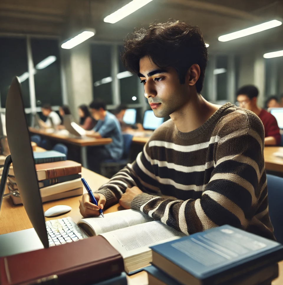 한국의 야간대학에서 공부하는 젊은 외국인 학생의 모습