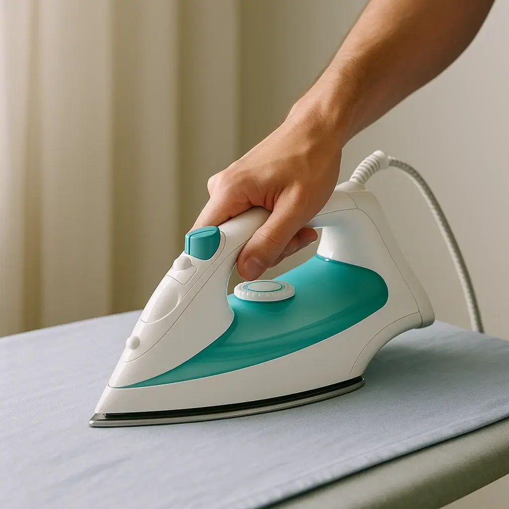 다리미를 활용한 셔츠 다림질 장면, 정돈된 마무리