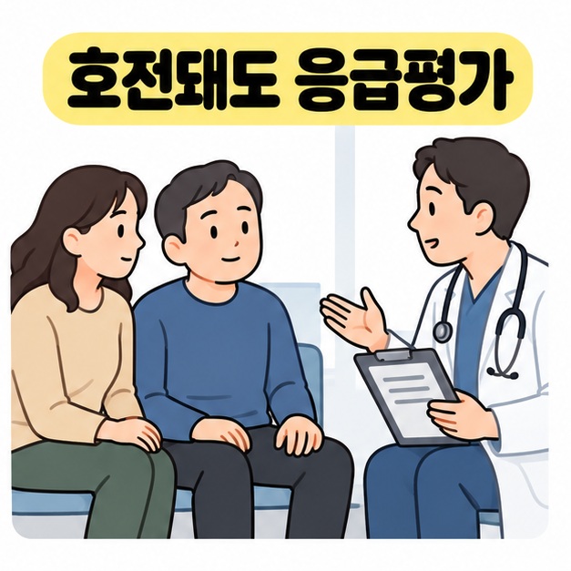 남성과 보호자가 병원 진료 공간에서 의료진의 설명을 듣고 응급 평가를 받는 모습