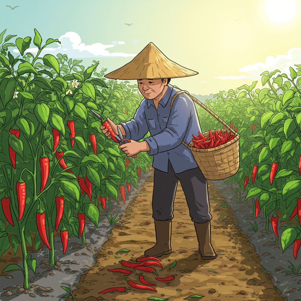 고추밭에서 일하는 농부