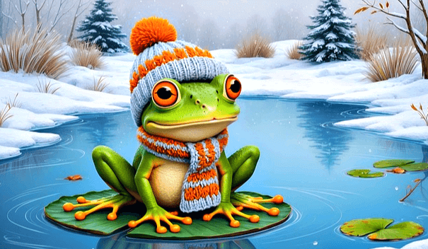 겨울 연못 위에 넓은 연잎이 있고 그 위에 녹색 개구리가 털모자와 털목도리를 감고 앉아있다.