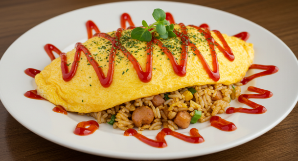 볶음밥위에 달걀지단이 올려져 있고 위에 예쁘게 케찹이 뿌려져 있다.