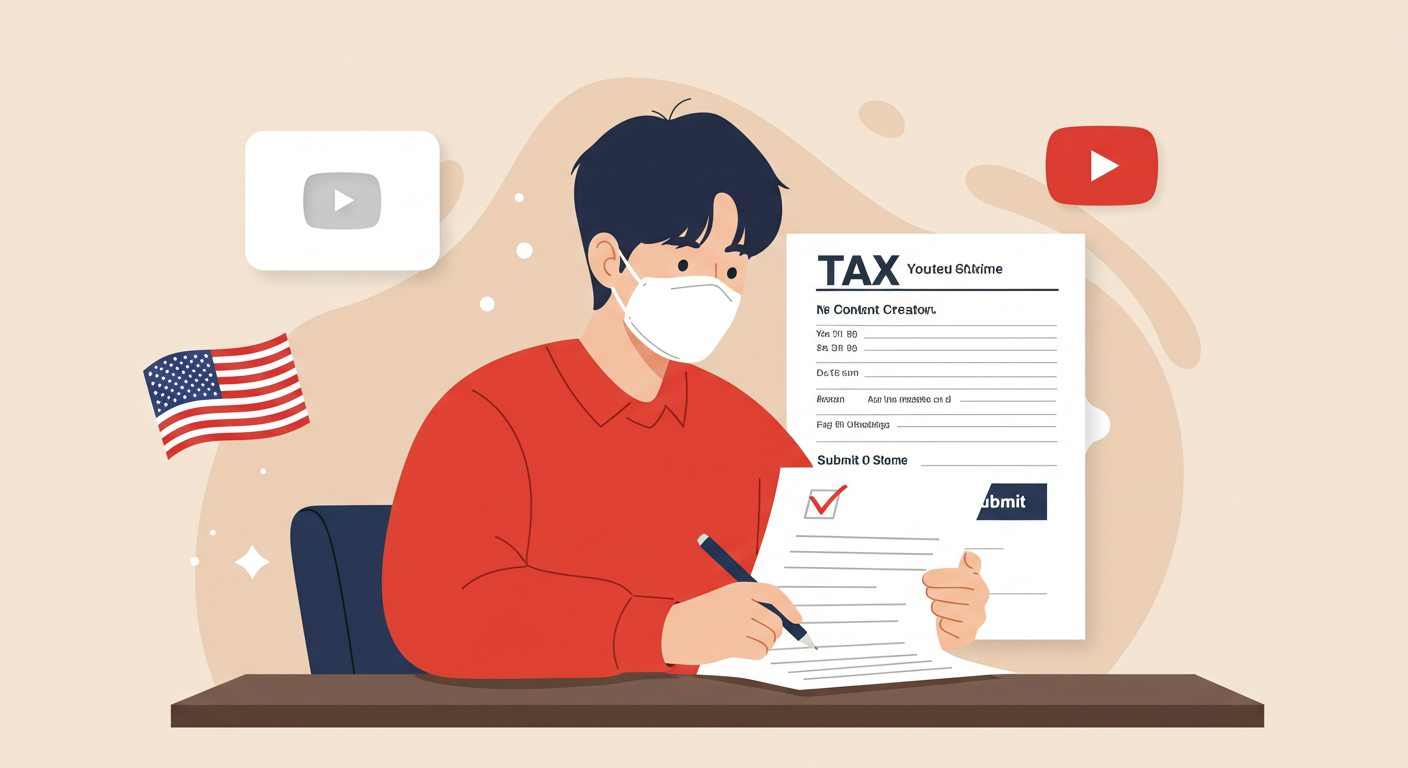 한국 유튜버가 애드센스 세금 정보 입력을 위해 온라인으로 W-8BEN 양식을 작성하는 장면을 담은 일러스트