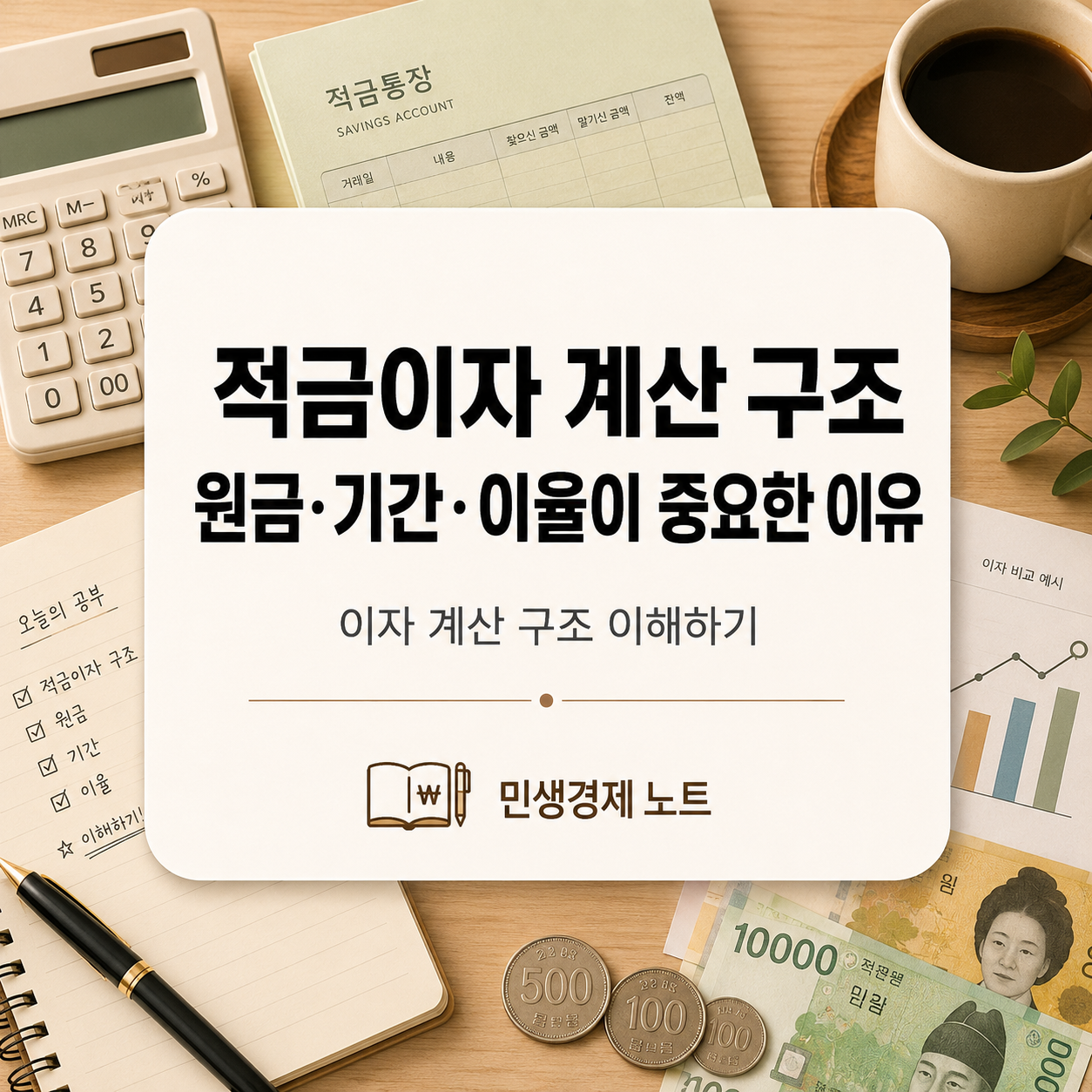 적금이자 계산 구조를 원금, 기간, 이율 기준으로 쉽게 이해할 수 있도록 정리한 민생경제노트 대표 섬네일 이미지입니다.