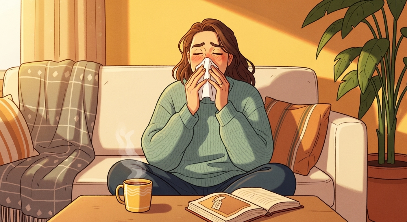 콧물과 가벼운 기침 증상을 보이는 감기 환자의 모습