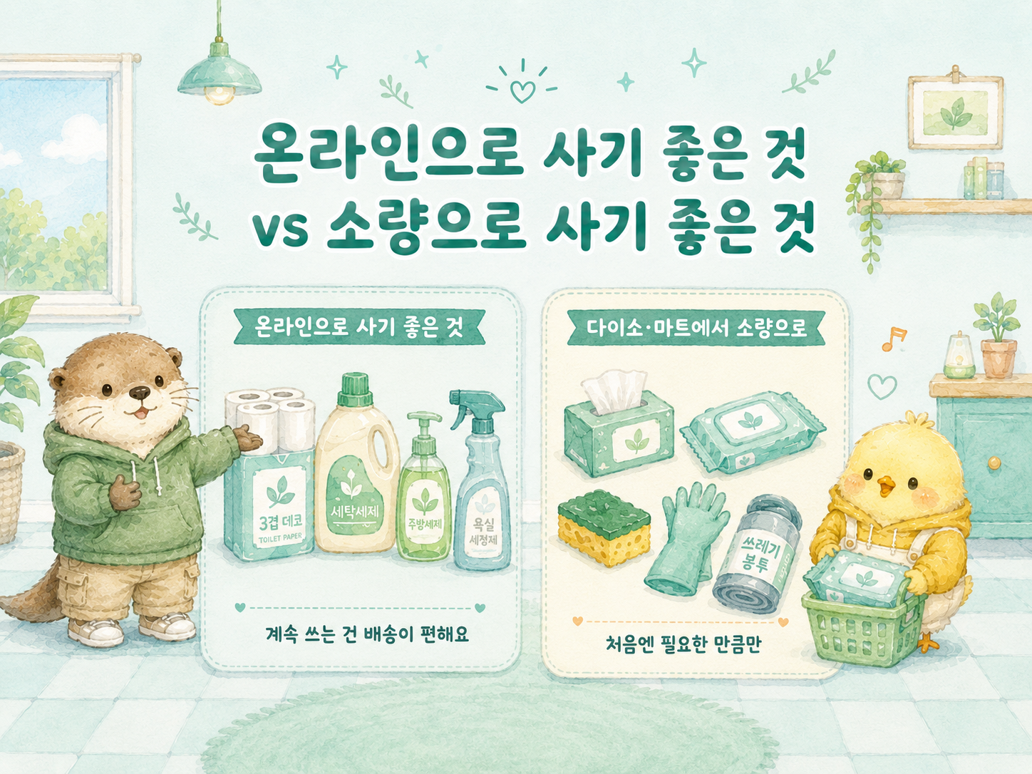 온라인으로 사기 좋은 소모품과 다이소나 마트에서 소량으로 사기 좋은 소무품을 비교한 인포그래픽