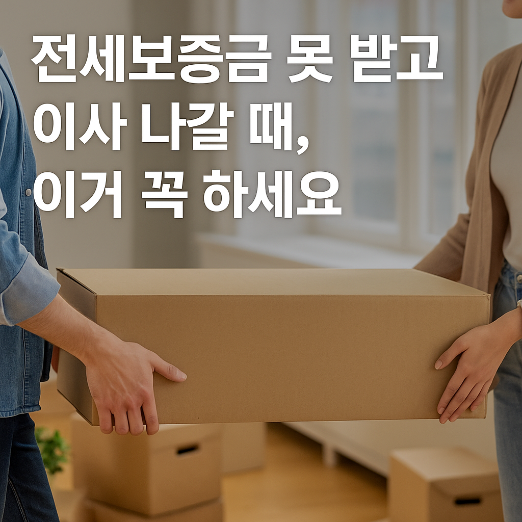 전세보증금을 못 받고 이사 나가는 상황을 표현한 이사 배경 이미지에 &ldquo;전세보증금 못 받고 이사 나갈 때, 이거 꼭 하세요&rdquo;라는 문구가 상단에 배치된 티스토리용 썸네일