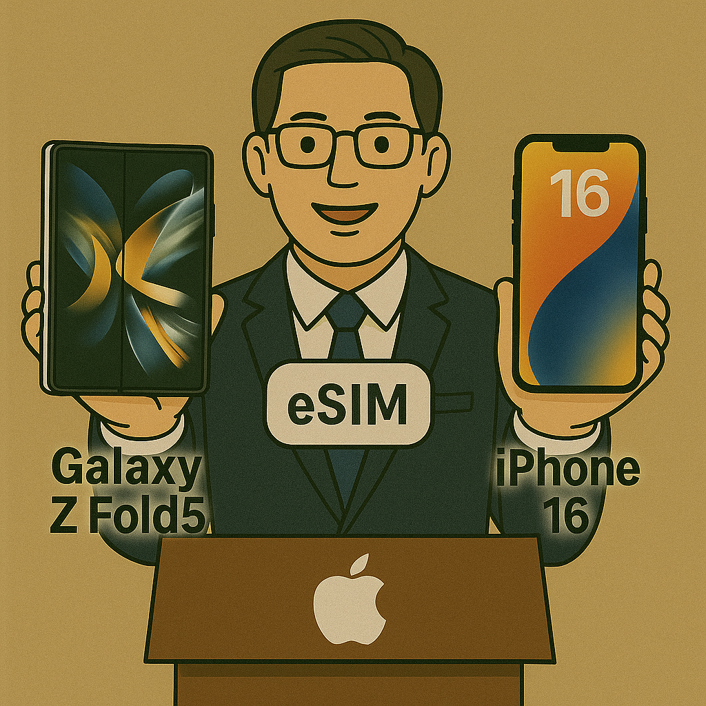 eSIM, 유심을 둘다 지원하는 듀얼심 지원한다고 설명하는 모습 (아직은 한국에서는 안되요)