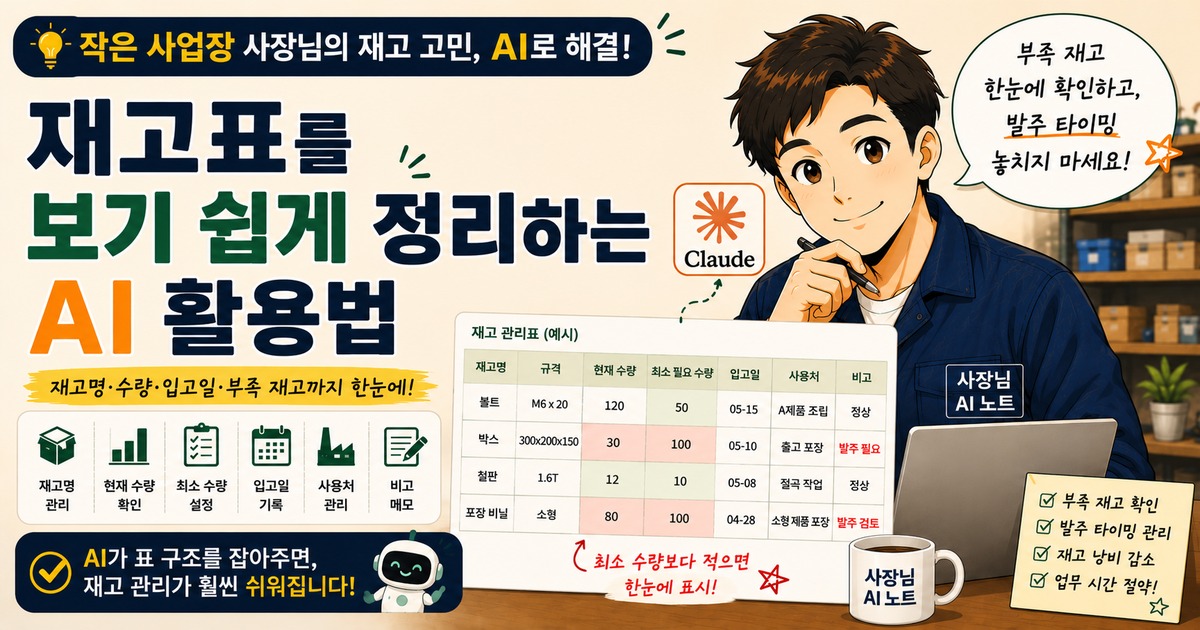 작은 사업장 사장님이 Claude를 활용해 재고명, 현재 수량, 최소 필요 수량, 입고일을 정리하고 부족 재고를 한눈에 확인하는 재고표를 만드는 방법을 보여주는 블로그 썸네일