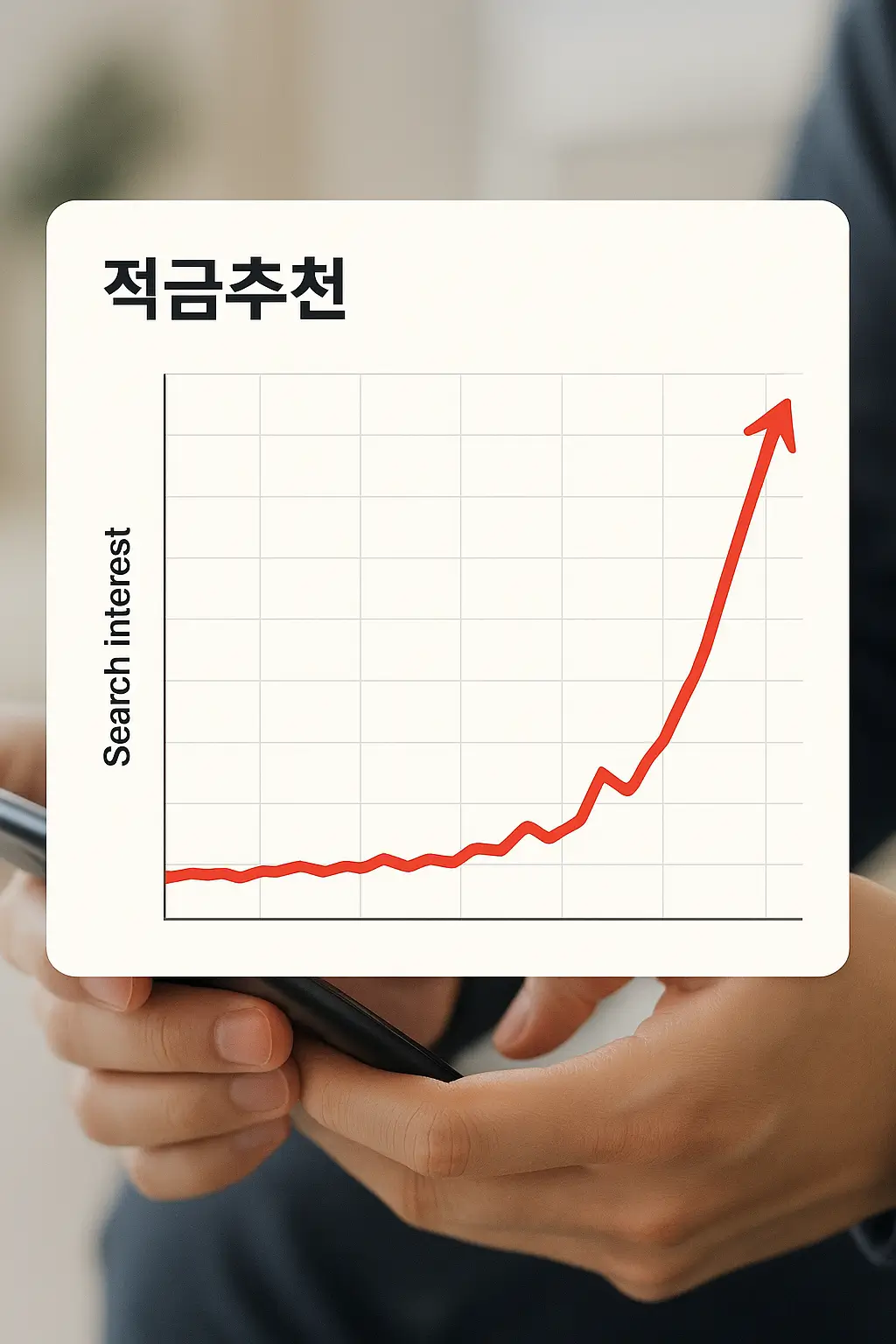 적금추천 검색어 급상승 그래프와 스마트폰 검색하는 손 이미지