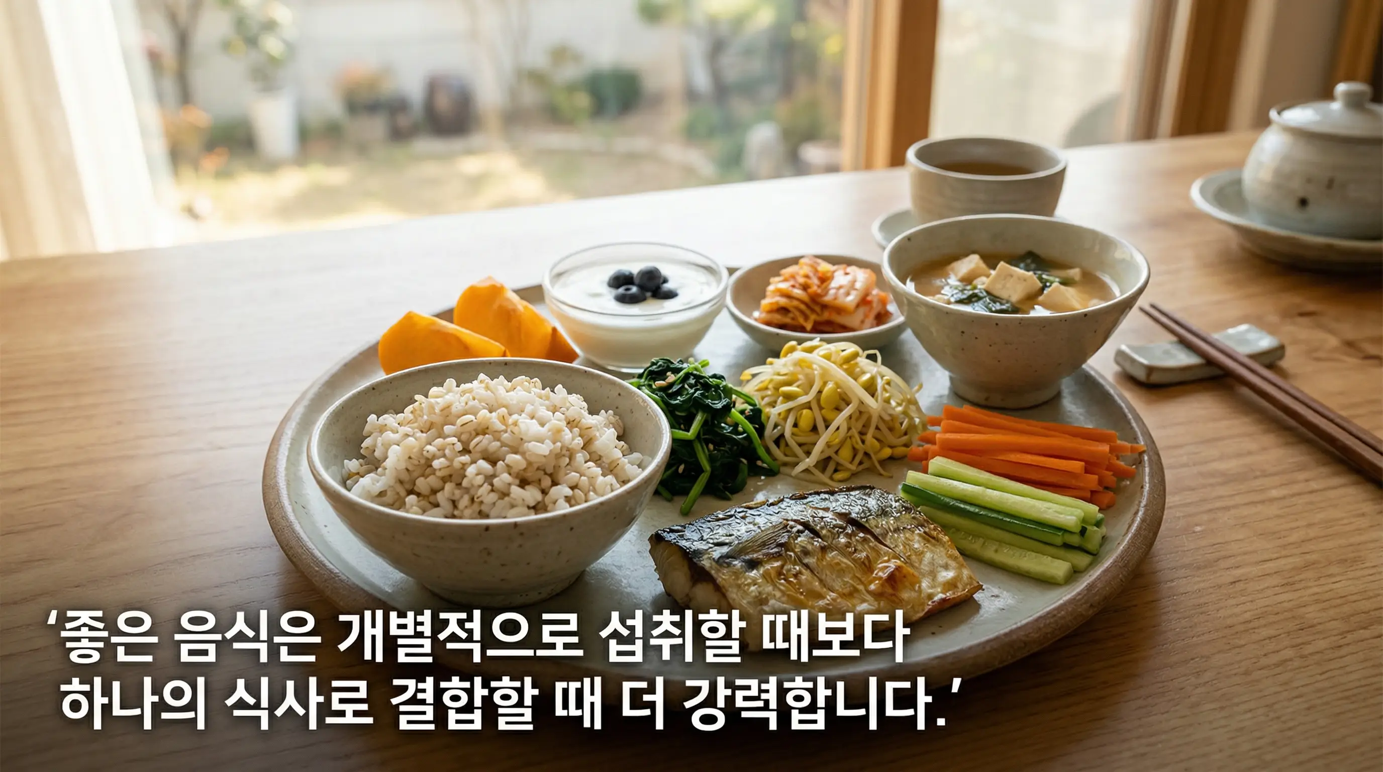 통곡물과 채소, 생선, 과일이 함께 놓인 균형 잡힌 한국 가정식 한 끼