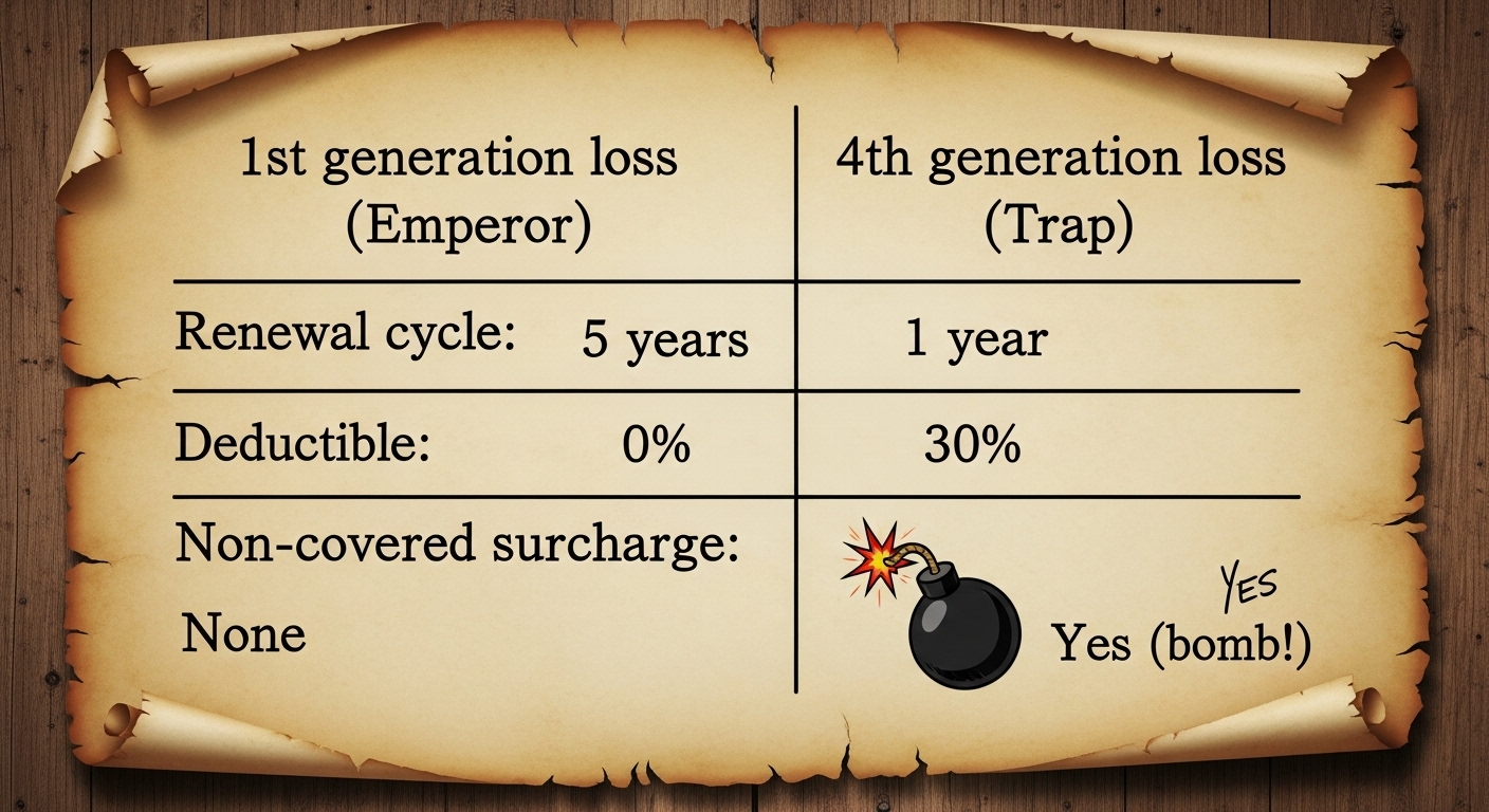 1세대 실손(황제) vs 4세대 실손(함정)의 '보장' 내용을 비교하는 인포그래픽