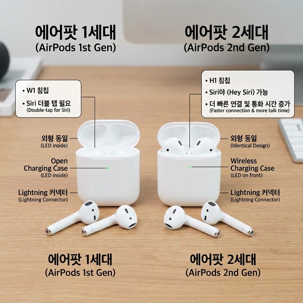 에어팟 1세대 2세대 차이점 디자인 기능