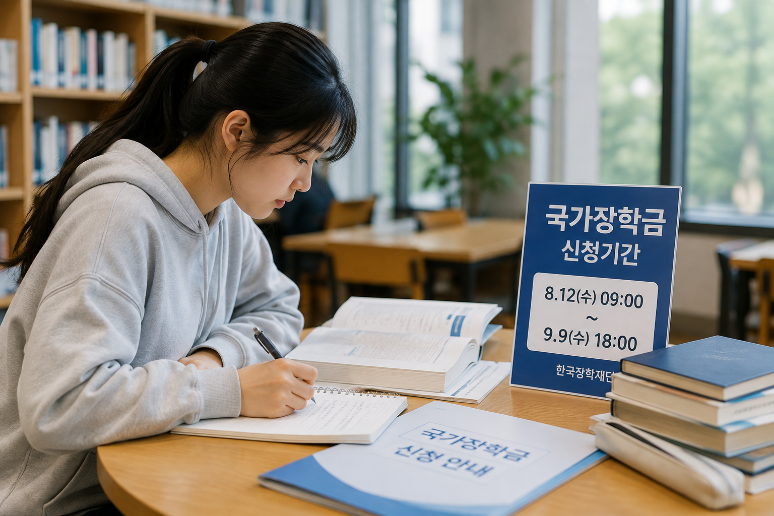 창가에서 국가장학금을 공부하는 학생