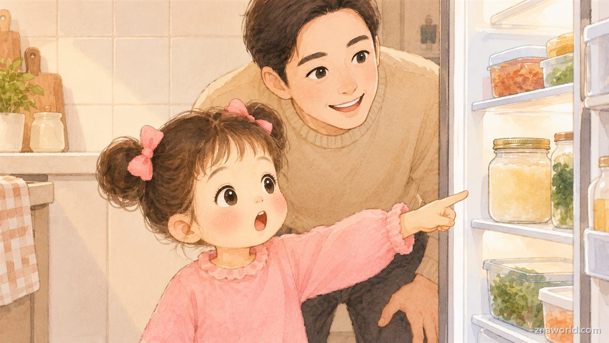 냉장고에서 굳은 기름 병을 보고 놀란 지나와 설명하는 아빠