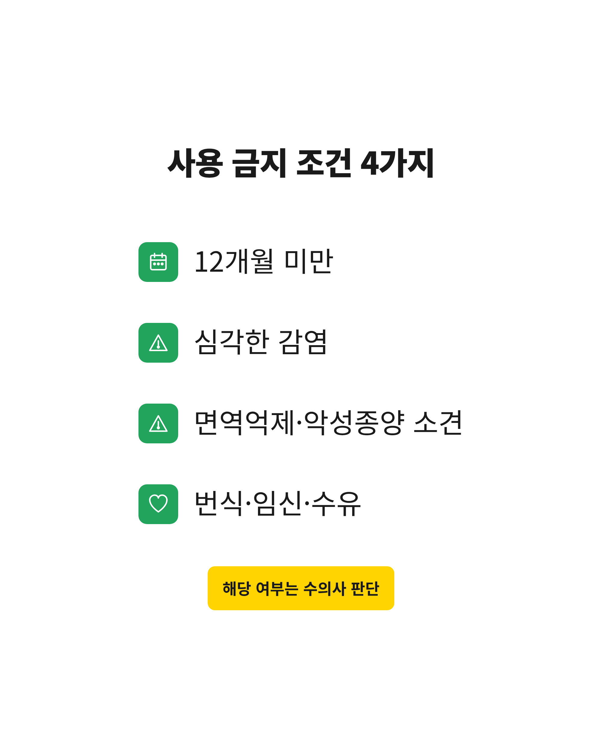 아포퀠 라벨이 사용 금지로 정한 연령&middot;감염&middot;종양&middot;번식 조건 네 가지를 정리한 그림