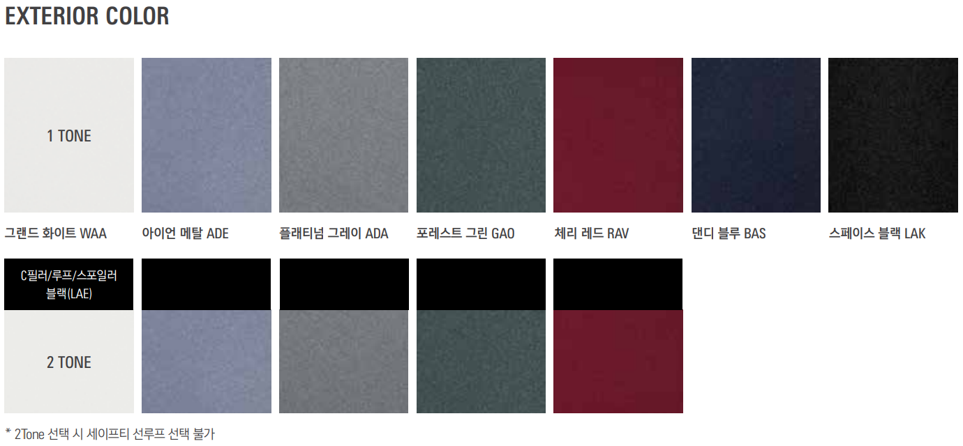 ▲토레스 외장 컬러표