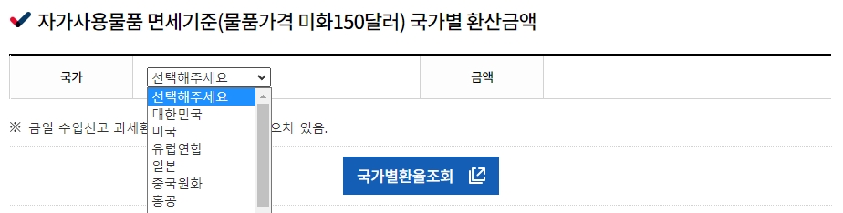 주요 국가 통화별로 면세 한도를 원화로 환산해서 보여주는 기능