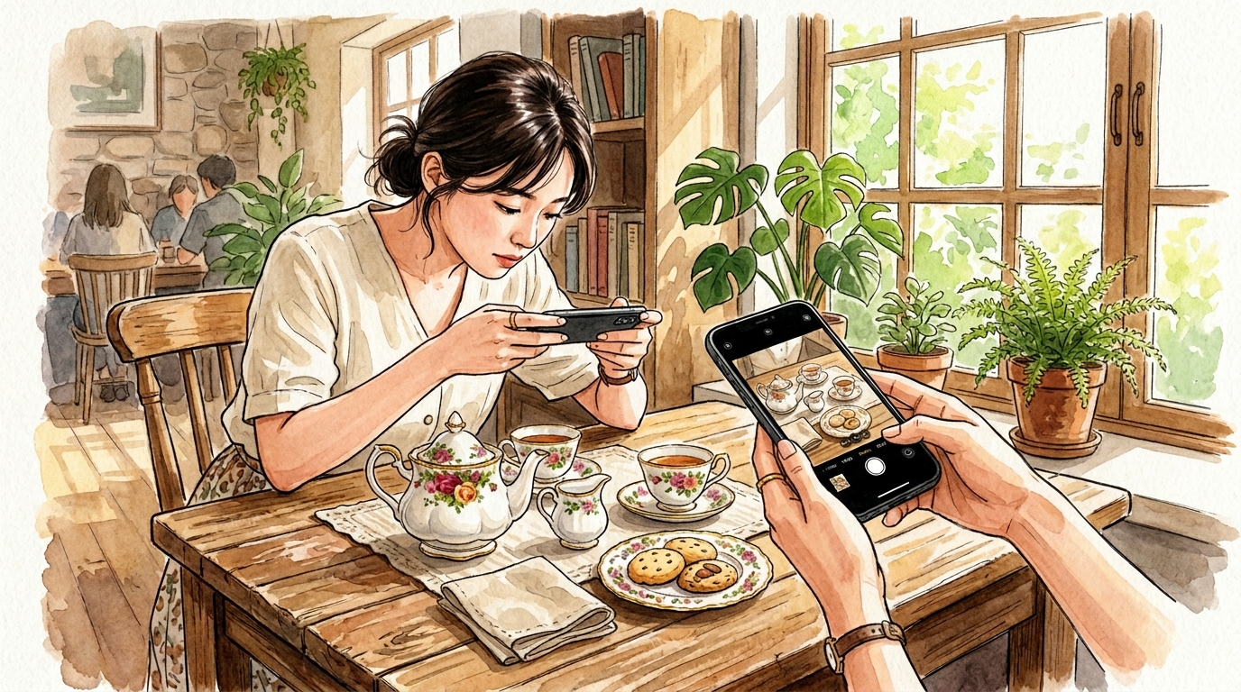 당근마켓에 판매하기 위해 정갈하게 놓이 찻잔과 쿠키를 스마트폰으로 촬영하는 모습.