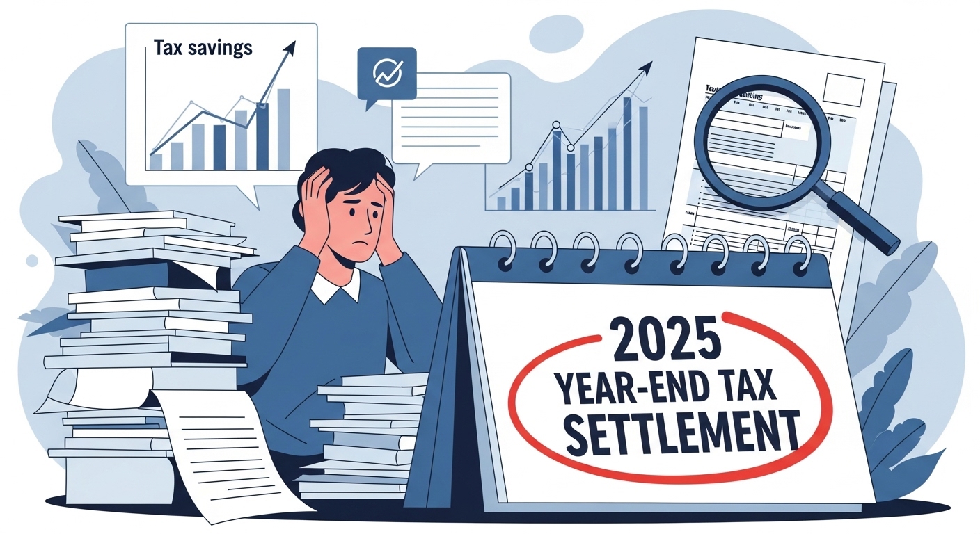 2025년 연말정산을 준비하는 사람이 서류 더미 속에서 절세 전략을 찾는 모습