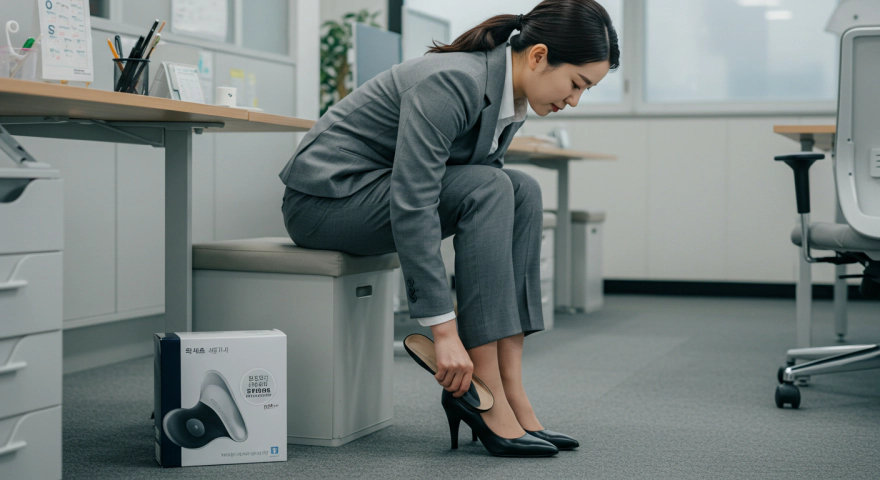 아치 서포트 깔창을 신발에 넣는 직장인