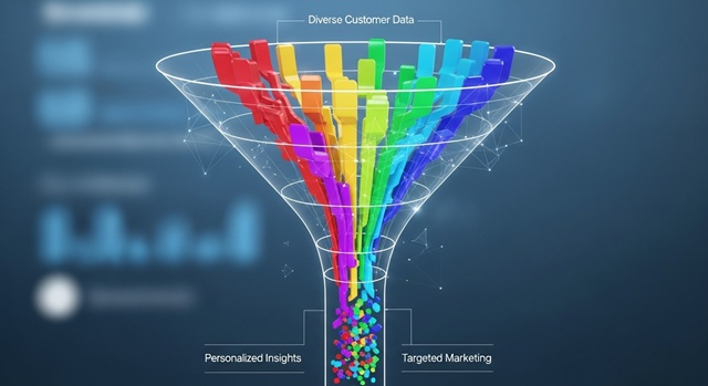 데이터가 수집되어 고객 세분화 및 개인화된 인사이트로 이어지는 마케팅 깔때기 이미지