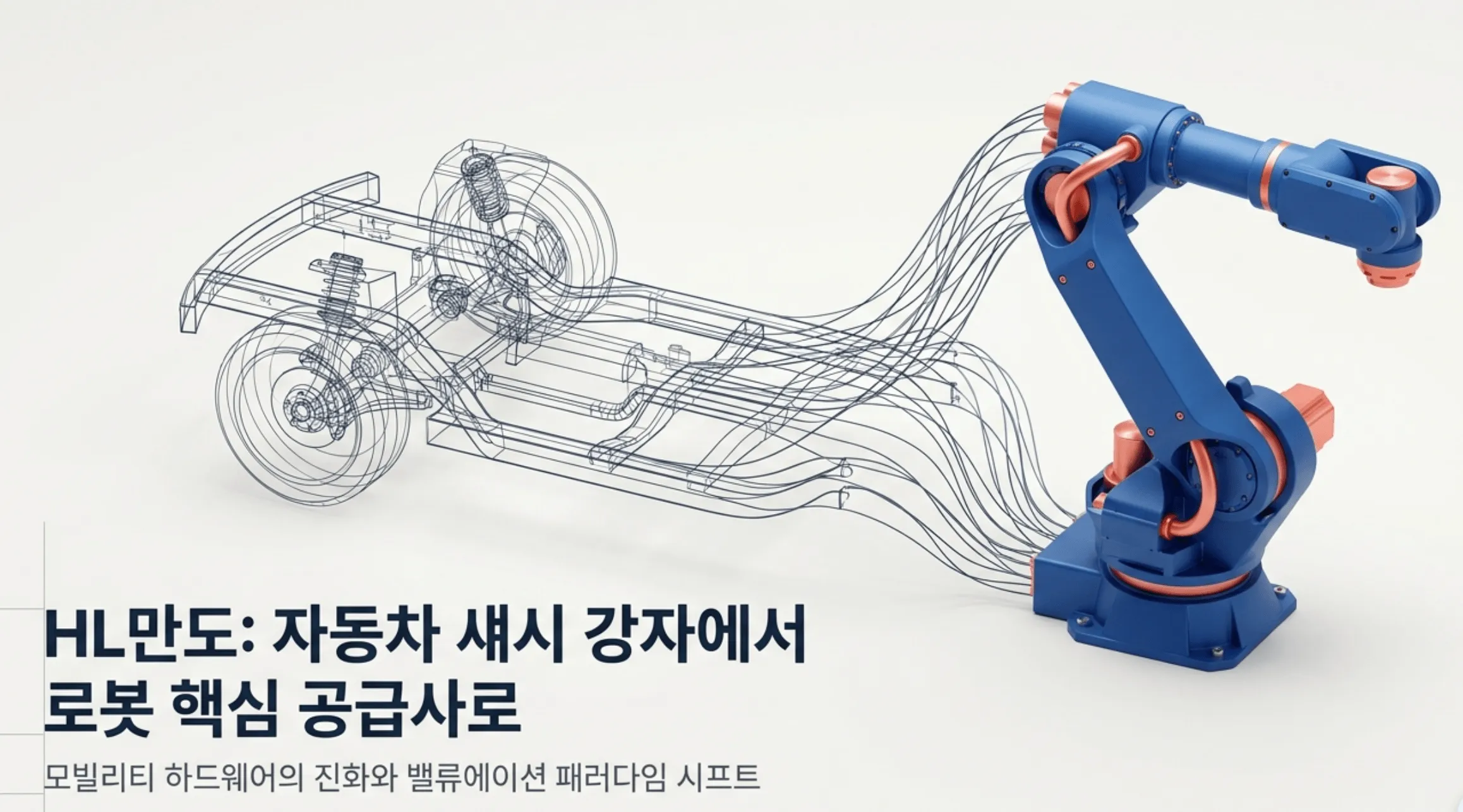 HL만도 주가 전망 블로그의 대표 이미지로, '자동차 섀시 강자에서 로봇 핵심 공급사로'라는 제목과 모빌리티 하드웨어의 진화 문구가 함께 담겨 있다. 자동차 섀시 와이어프레임이 파란색 산업용 로봇 팔로 연결되는 모습을 통해, HL만도가 제동&middot;조향&middot;현가 기술을 로봇 액추에이터 사업으로 확장하는 밸류에이션 패러다임 전환을 시각적으로 전달하며, 골드만삭스 목표주가와 휴머노이드 모멘텀을 다루는 블로그 주제와 관련된 내용을 설명한다.