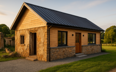 시골 폐가가 리모델링을 통해 외벽 일부는 낡은 석재를 남기고, 나머지는 새 목재 마감으로 단장된 단층 주택으로 변한 모습