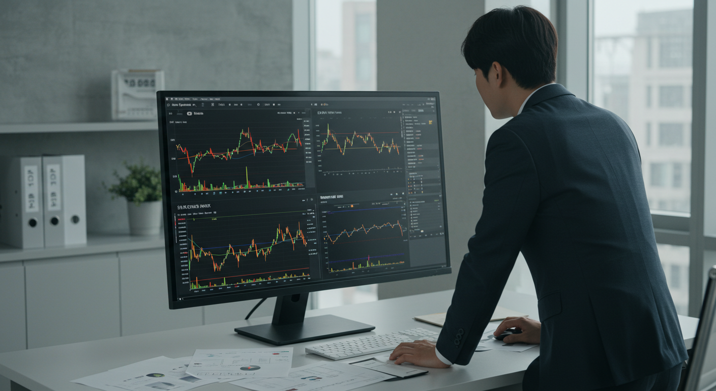 삼성전자와 주요 IT 대형주 종목을 분석 중인 한국 주식 투자자