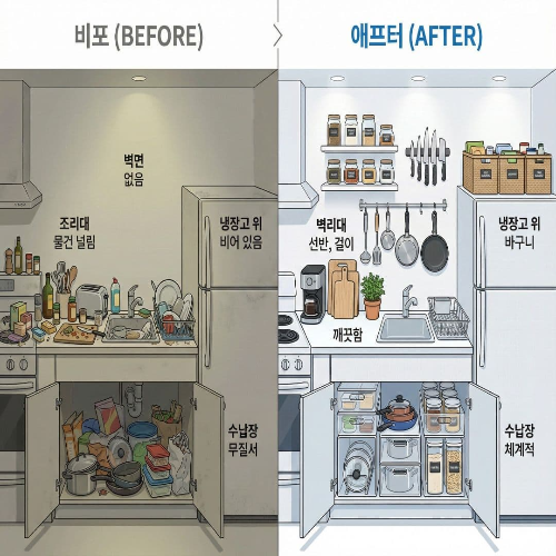 주방 작은 공간 활용, 좁은 주방 넓게 쓰는 수납 아이디어