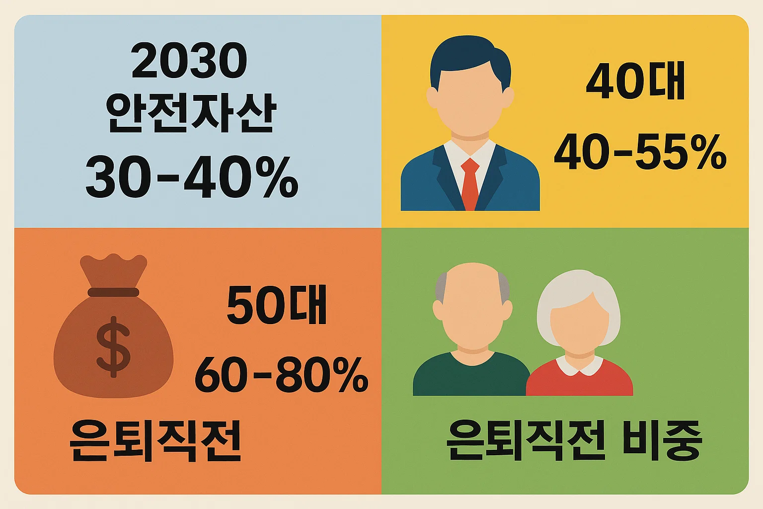 2030의 30~40%, 40대 40~55%, 50대 60~80%, 은퇴 직전 비중 등 연령&middot;생애주기에 따라 IRP 안전자산 비중을 어떻게 조절해야 하는지 직관적으로 안내하는 구성표입니다.