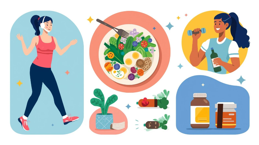 운동, 균형 잡힌 식사, 보충제 섭취를 함께 실천하는 건강 루틴 그림