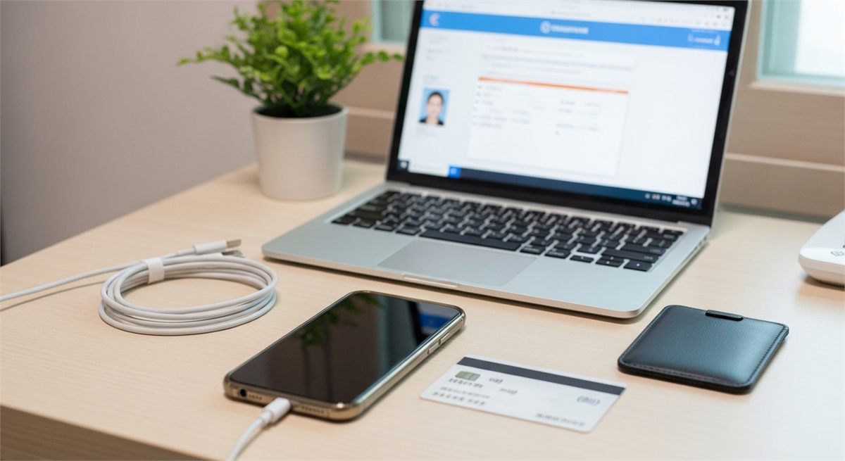 스마트폰과 카드&amp;#44; 신분증 케이스를 미리 준비해 둔 공부방 책상 장면 