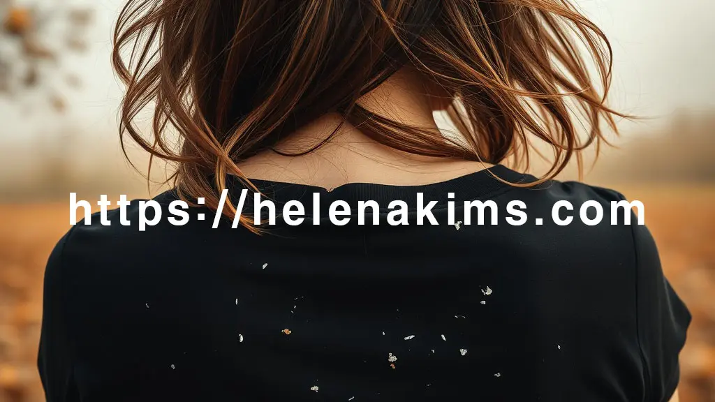 가을바람에 시달린 듯 건조하고 예민해진 두피로 인해 여성의 검정 티셔츠 뒷모습에 하얀색 비듬이 떨어져 있는 모습.